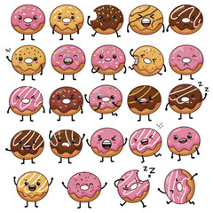 Fototapeta premium A collection of cute cartoon donut characters with various expressions.