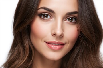 Fototapeta premium Close-Up Portrait of a Young Woman with Long Brunette Hair and Natural Makeup against a Plain White Background