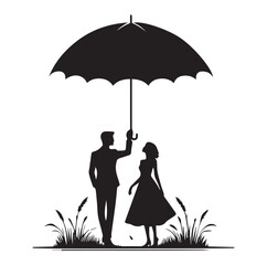 A Romantic couple holding umbrella silhouette and Vector