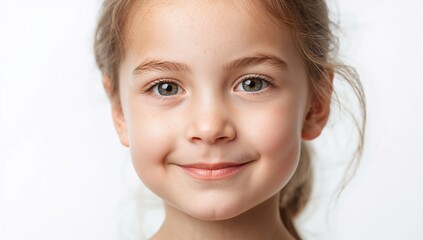 Close-up Portrait of a Smiling Young Girl with Long Brown Hair and Hazel Eyes Against a Plain White Background. Natural Light with Soft Focus on Facial Features.
