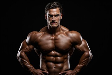 Fototapeta premium Muscular male bodybuilder with defined abs and strong arms posing confidently against a solid black background emphasizing fitness and strength.
