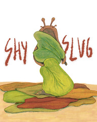 A slug covering its body with green leaves while standing on the pile of leaves, depicted as a character illustration. A hand-painted cute fantasy in autumn vibes scenery