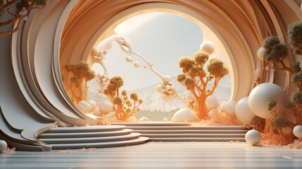 Futuristic Abstract Landscape with Curved Architecture and Surreal Trees in Soft Orange Lighting