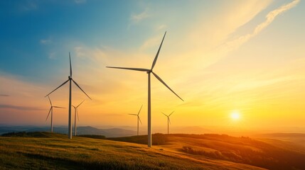 Fototapeta premium Harnessing wind power a stunning landscape of wind turbines at sunset nature photography in rural settings