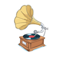 Illustration of a vintage gramophone with a yellow horn and a black vinyl record on a wooden base.