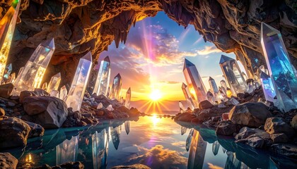 Dramatic fantasy cave entrance at sunrise with large, glowing crystal formations and a pool of blue water reflecting the sky, representing mystery, magic, treasure, and a beautiful natural wonder