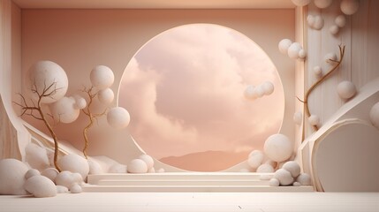 Elegant Minimalist Interior with Circular Window and Abstract Sculptures in Soft Pink Tones