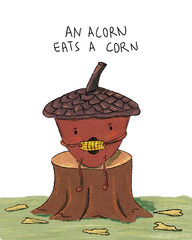An acorn eats an ear of corn while sitting on a branch, depicted as a character illustration. A hand-painted cute fantasy in autumn vibes scenery.