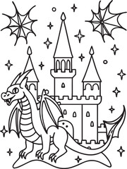 Dragon Flying Over Castle Fantasy Outline