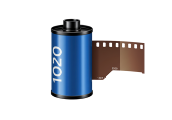 Isolated blue 35mm film cartridge and brown film strip for photo photography analog hobby