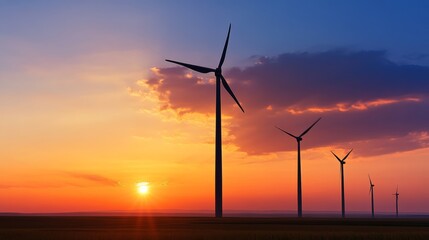 Wind turbines harnessing renewable energy at sunset scenic landscape photography natural environment wide angle view eco-friendly concept