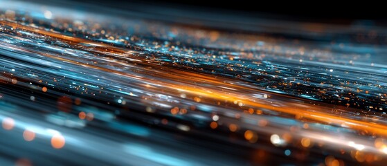 Abstract background with glowing blue and orange light streaks and particles, symbolizing high-speed data flow and digital technology.