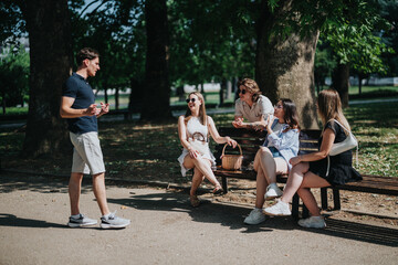 Friends relaxing outdoors in a park, enjoying a sunny day seated on benches and chatting.
