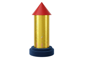 Isolated toy rocketship on stand with red nosecone and metallic gold body, space exploration