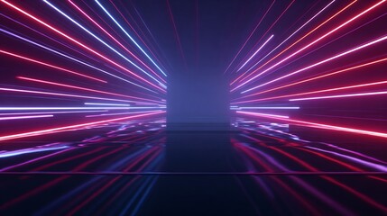 Dynamic abstract background of neon light trails creating a futuristic speed tunnel with vibrant glowing lines and reflections.