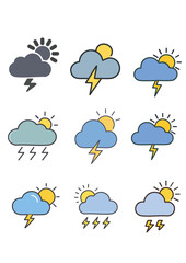 A collection of colorful weather icons depicting various conditions, including sun, clouds, and lightning.