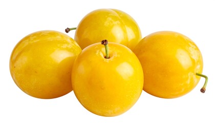 A close-up shot of four ripe, golden-yellow plums, showcasing their smooth skin and small stems against a clean white background