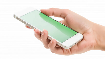 Person holding a smartphone with a blank screen against a white background