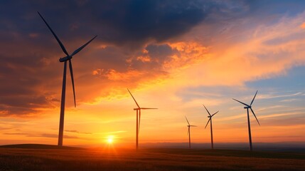 Obraz premium Renewable energy action wind turbines at sunset nature landscape vibrant atmosphere scenic viewpoint sustainable future concept