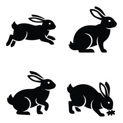 Four silhouette rabbits in various poses capturing movement and grace for digital and print applications seamlessly silhouette