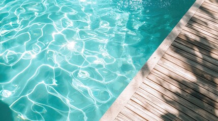 Obraz premium Minimalist luxury swimming pool with clear turquoise water and sunlight reflections beside wooden deck, ideal for summer travel, resort promotion, and relaxation design use