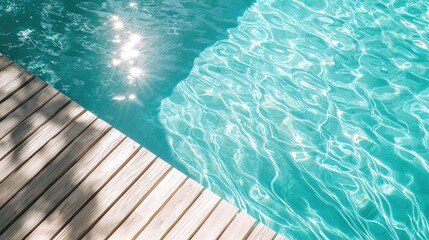 Minimalist luxury swimming pool with shimmering turquoise water and bright sunlight reflections beside wooden deck, perfect for summer travel, resort ads, and relaxation themes
