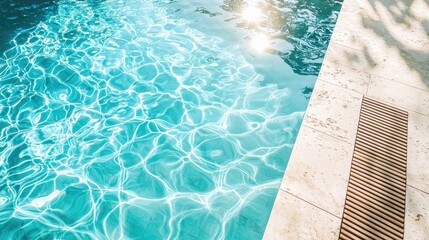 Minimalist luxury swimming pool with crystal clear turquoise water and sunlight reflections beside stone deck, perfect for summer resort, travel ads, and relaxation design