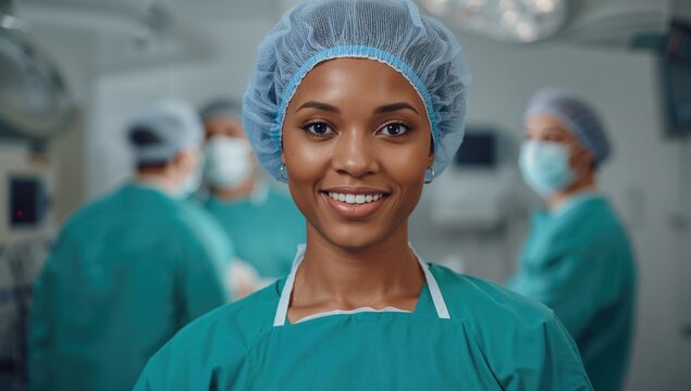 Portrait of African American female surgeon smiling in operating theatre wearing surgical gown and cap with blurred medical team in background focusing on surgery and healthcare environment