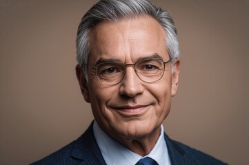Obraz premium Portrait of mature businessman with gray hair and stylish eyeglasses smiling confidently at the camera wearing a navy suit showcasing professional demeanor and success