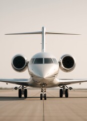 Front view of a luxury private jet on the runway, captured in minimalistic daylight with clean background. Sleek and modern business aircraft symbolizing wealth, success, and exclusive lifestyle. 