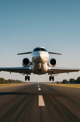 Front view of a luxury private jet on the runway, captured in minimalistic daylight with clear sky background. Sleek and modern business aircraft symbolizing wealth, success, and exclusive lifestyle. 
