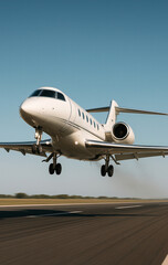 Front view of a luxury private jet on the runway, captured in minimalistic daylight with clear sky background. Sleek and modern business aircraft symbolizing wealth, success, and exclusive lifestyle. 