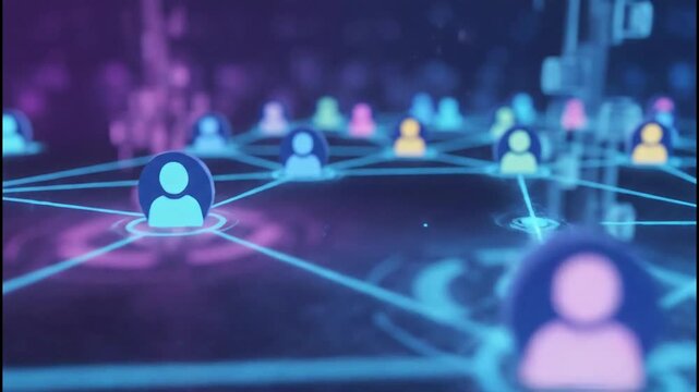 Abstract digital video showcasing interconnected people icons on a neon network future