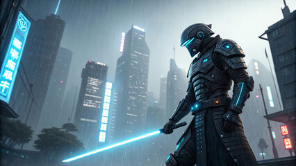 Futuristic samurai standing in rain with LED katana and cybernetic armor.