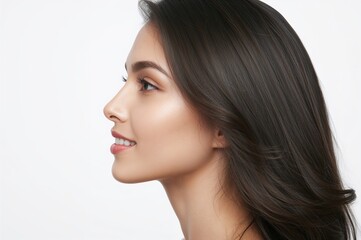 Naklejka premium Profile portrait of young woman with long dark hair smiling gently against a plain white background showcasing natural beauty and skin tone.