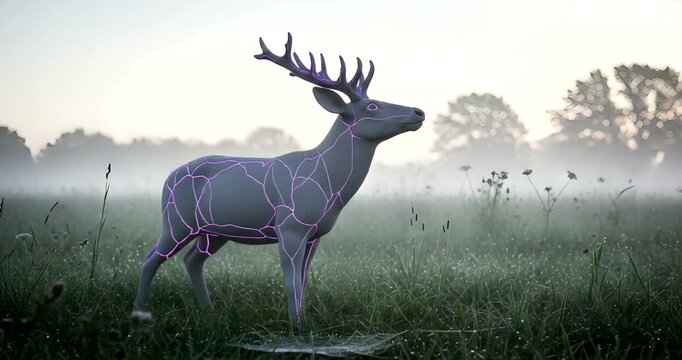 A surreal deer with neon outlines stands in a misty meadow at dawn