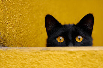 a black cat with yellow eyes peeking over a ledge