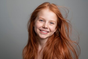 Naklejka premium Red-haired girl smiling brightly with flowing hair against a smooth gray background highlighting her joyful expression and youthful features.
