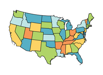 A colorful map of the united states with different states in varying shades of blue green and orange. a simple usa map with states colored in green, blue, and orange