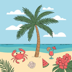 A vibrant beach scene unfolds with a tall palm tree casting shade on the sandy shore, accompanied by a cheerful crab, a refreshing cocktail, a slice of watermelon, and blooming tropical flowers