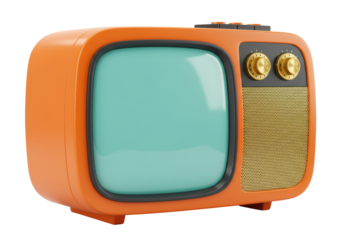 Isolated retro television set, orange case, vintage design, 1950s style, antique TV, home entertainment