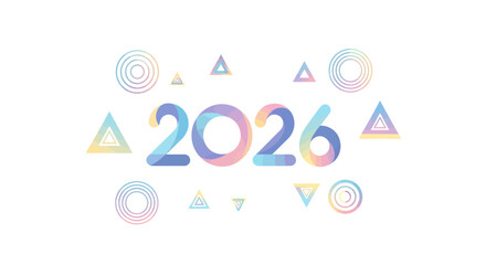 Abstract vector illustration for the year 2026, featuring modern typography with a vibrant pastel color gradient and decorative geometric shapes on a clean white background