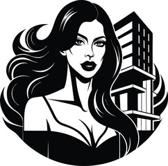 Elegant woman with long hair and a floral hairstyle in a black vector illustration