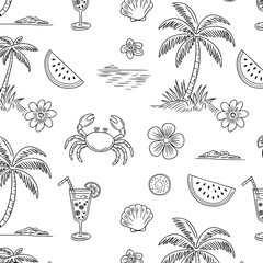 Seamless pattern isolated on white background featuring beach elements such as palm trees, crabs, cocktails, watermelons, shells, and flowers in a black and white sketch style