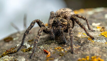 Close-up shot of a detailed brown spider on a moss-covered rock. Focused on its features, the legs spread