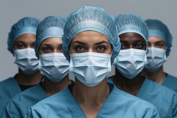Medical team of diverse surgeons wearing blue scrubs, protective caps, and surgical masks standing in a row with focused expressions and serious demeanor in a clinical environment