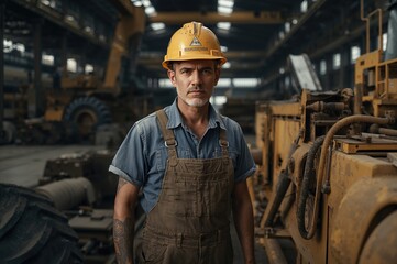 Technician in safety hard hat standing in industrial factory surrounded by construction equipment and machinery with a focus on maintenance tasks and work environment