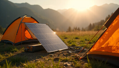 Small foldable solar panel set up next to a camping tent, charging a power bank with visible connected cable, strong sunlight beaming directly on panel surface, mountain meadow in background
