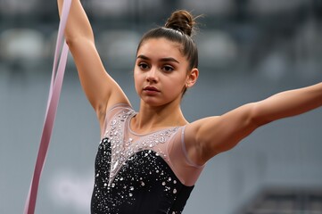 Young rhythmic gymnast performing a routine with a ribbon in a competitive setting, wearing a decorated black leotard with rhinestones, displaying concentration and grace.