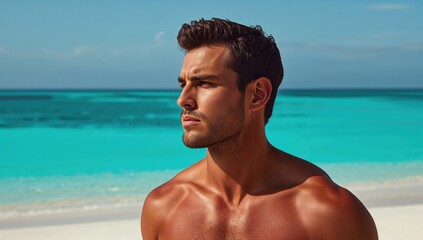 Young man with tanned skin gazing into the distance against a backdrop of turquoise ocean waves and clear blue sky at a sandy beach.
